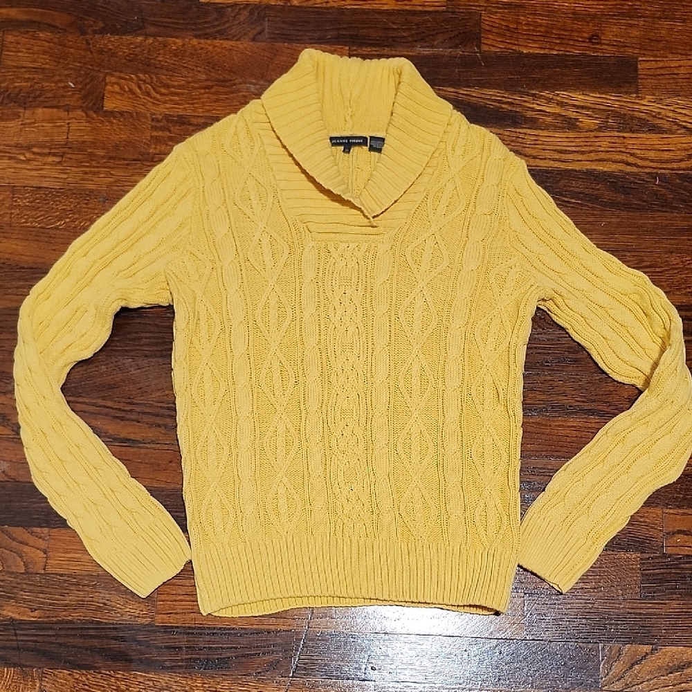 Jeanne Pierre Soft Butter Yellow Collar Cable Knit Neck Sweater 100% Cotton
